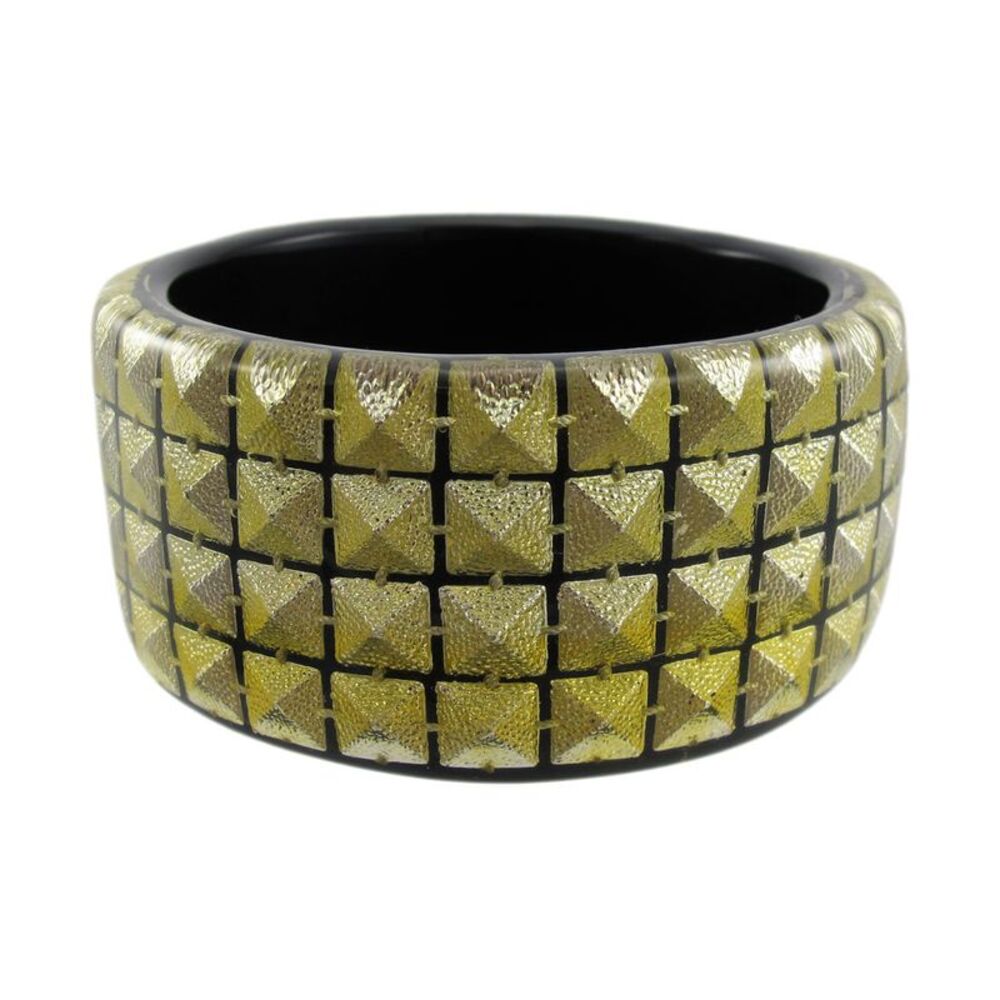 1 1/2 Inch Wide Goldtone Pyramid Studded Lucite Bangle Bracelet